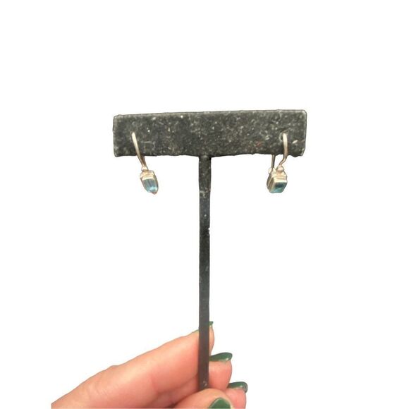 Sterling silver 925 Blue topaz emerald shaped dangle earrings wire fishhook with - Picture 2 of 12